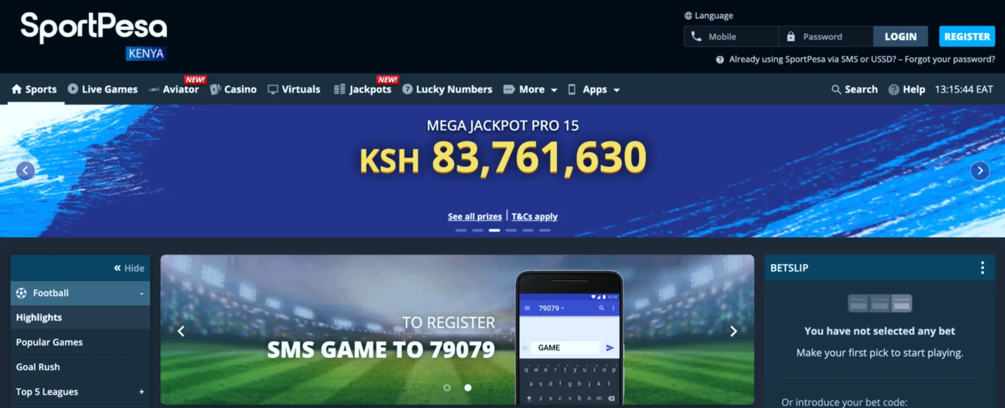 SportPesa Kenya platform interface at night